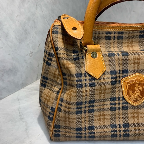 Kirino Collection plaid tan and navy leather bag roomy with inside pocket - Picture 8 of 16
